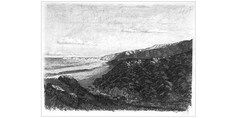 Charcoal Drawing of an early morning view of the California coast