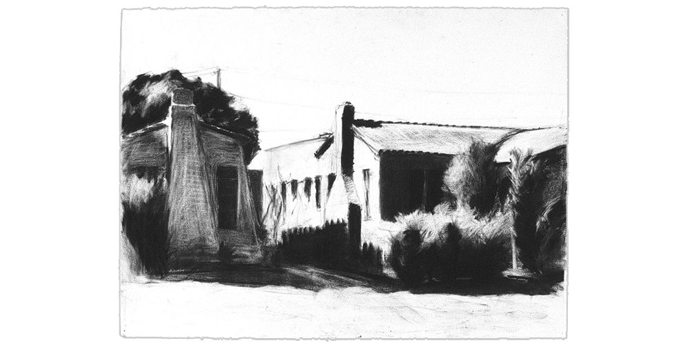 Charcoal Drawing of Spanish Style house with Dark Shadows