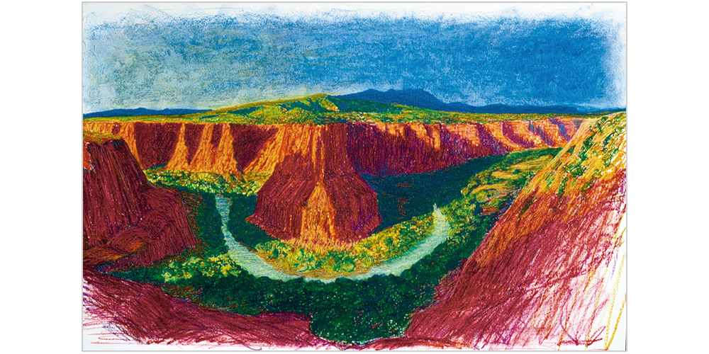 Oil Pastel drawing of a view of a southwestern scene